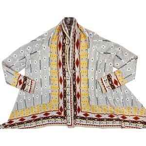 Freeday Boho Tribal Knit Open Front Cardigan Sweater Gray Yellow Rust M/L
